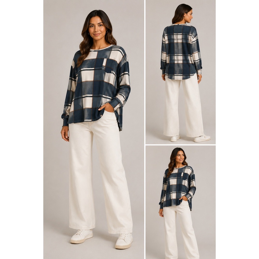 Marleylilly Size S/M Blue Plaid Fleece Pullover Long Sleeve Pocket Sweatshirt